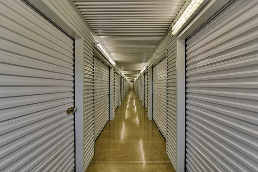 Hallway of climate-controlled storage units at Klein Krimmel Self Storage.