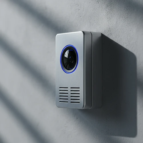 A sleek metallic motion sensor on a concrete wall uses dramatic side lighting to highlight modern industrial asset protectio
