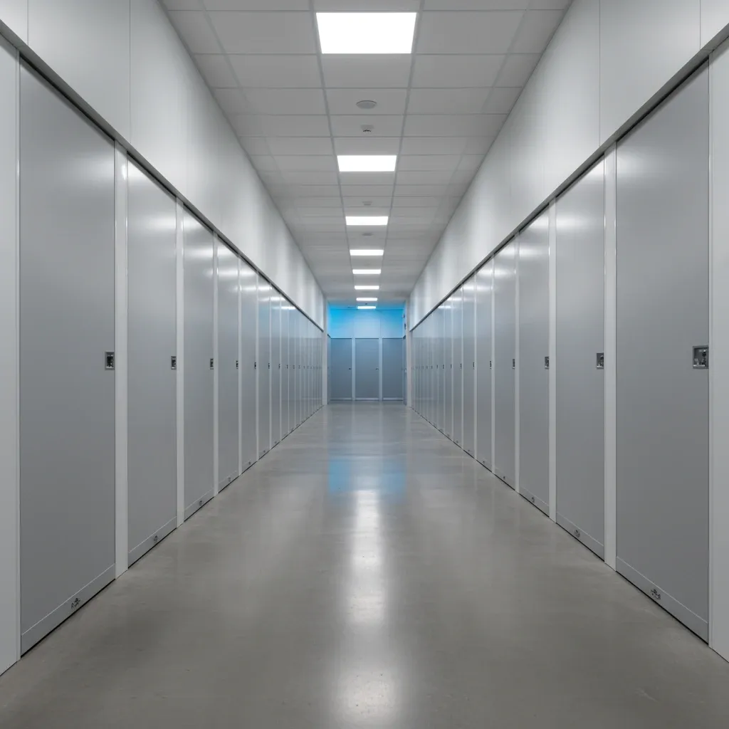 A long, clean corridor inside a modern storage facility with polished floors and soft overhead lighting in a wide shot.
