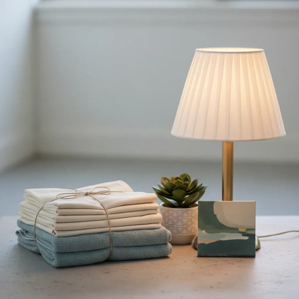 Neatly folded linens, a vintage lamp, a framed canvas, and a succulent represent items stored in a small storage unit.