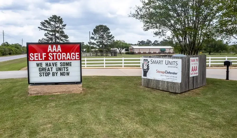 AAA Self Storage signage by the main road.