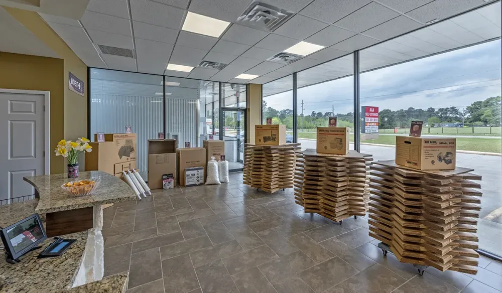 AAA Self Storage front office lobby area with packing supplies.