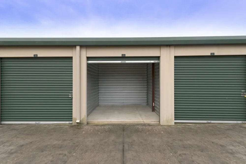 Opened storage unit will roll-up doors at AAA Self Storage.