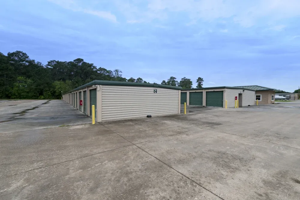 Outdoor, drive-up storage buildings at AAA Self Storage in Hockley.