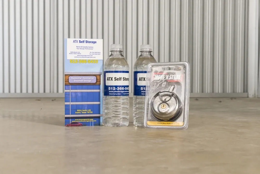 Welcome bundle in a storage unit at ATX Self Storage.