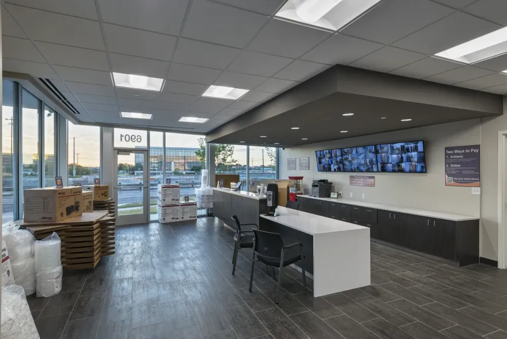 Front office with packing supplies at ATX Self Storage.