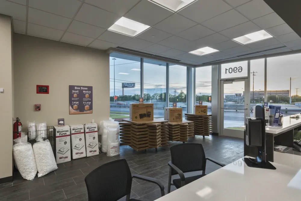 Front office with packing supplies at ATX Self Storage.