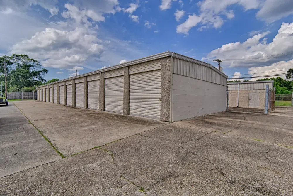 Outdoor, drive-up storage buildings at Bay Mini Storage.