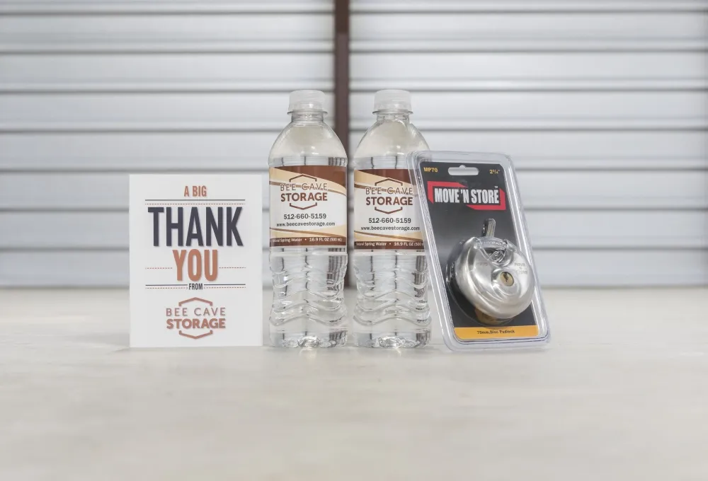 Welcome bundle in a storage unit at Bee Cave Storage.