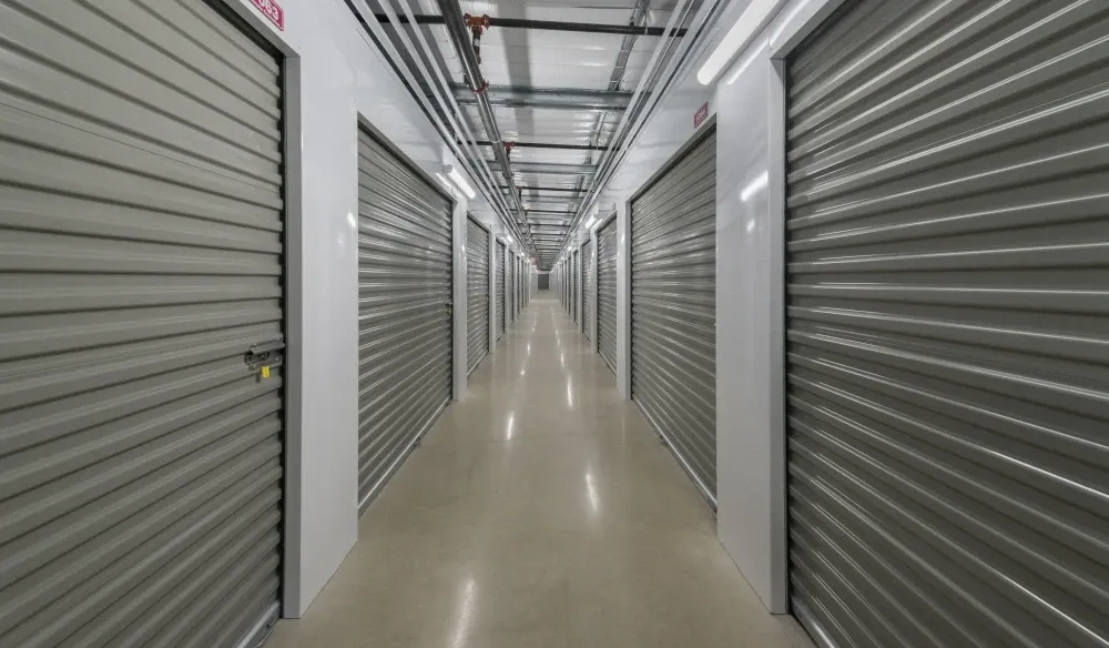 Hallway of indoor, climate-controlled storage units at Bergstrom Storage.
