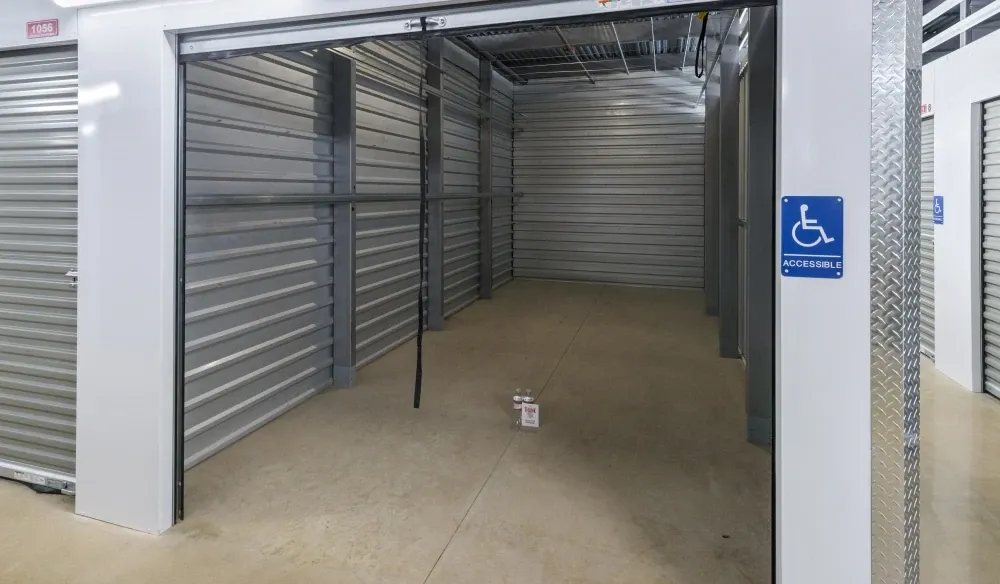 Opened medium, accessible climate-controlled storage unit at Bergstrom Storage.