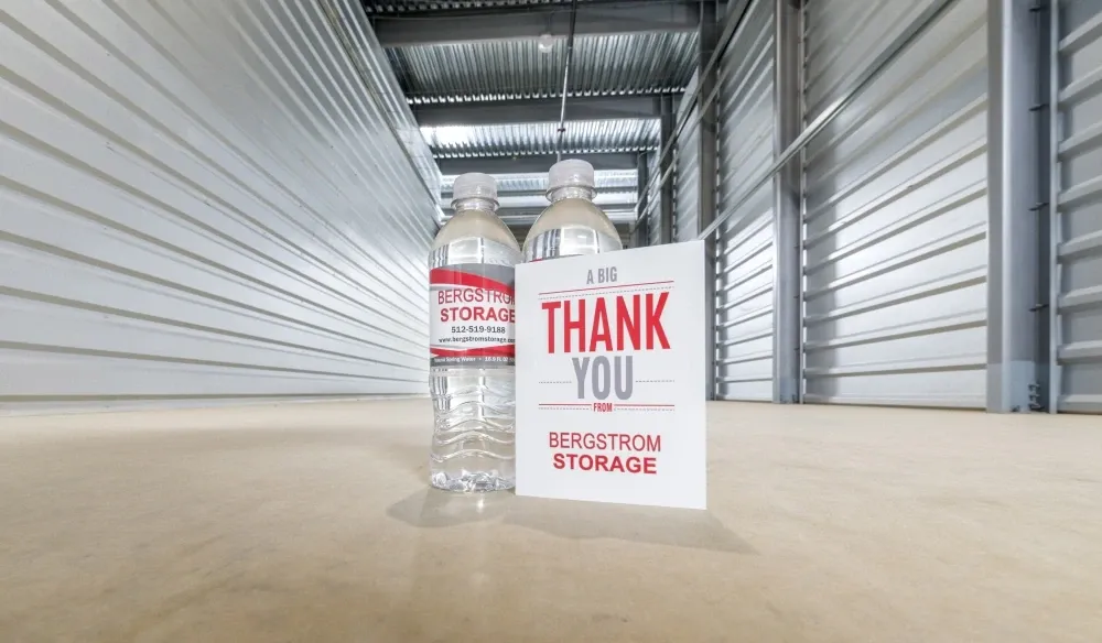 Welcome bundle inside a storage unit at Bergstrom Storage.