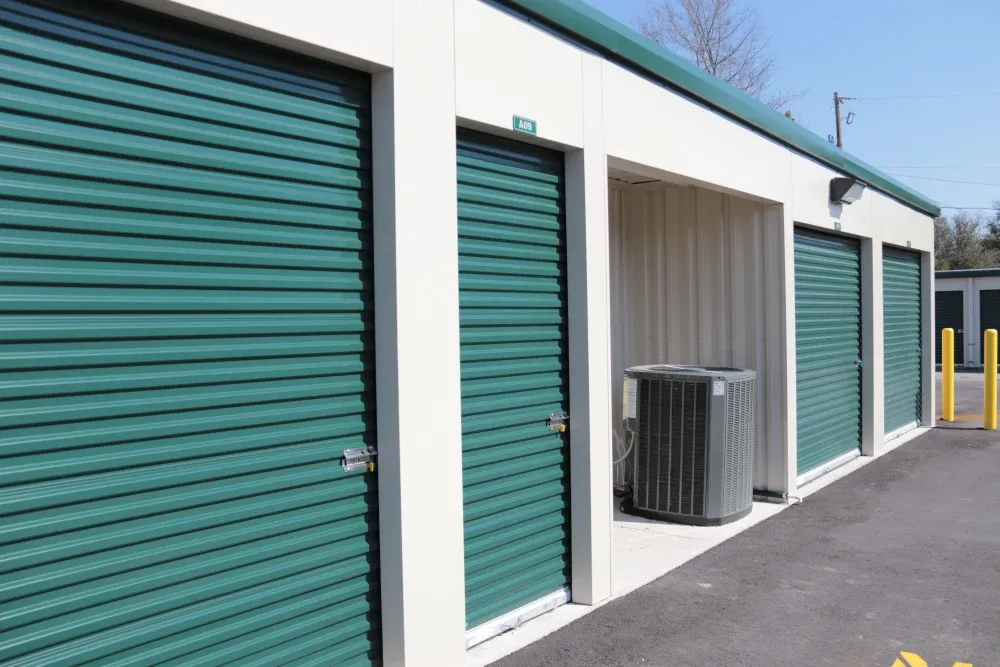 Row of outdoor storage units with drive-up access at Columbia Self Storage.