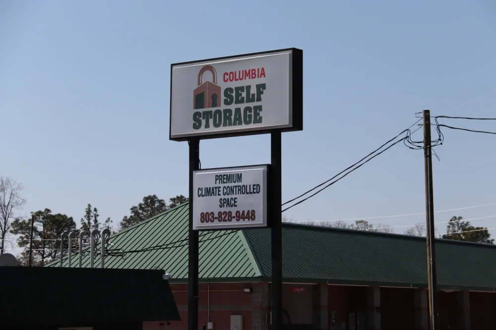 Columbia Self Storage signage in front of the facility.