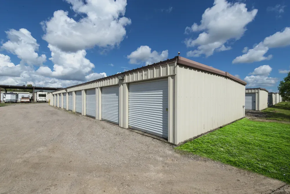 Outdoor storage units with drive-up access at Guardian Storage.