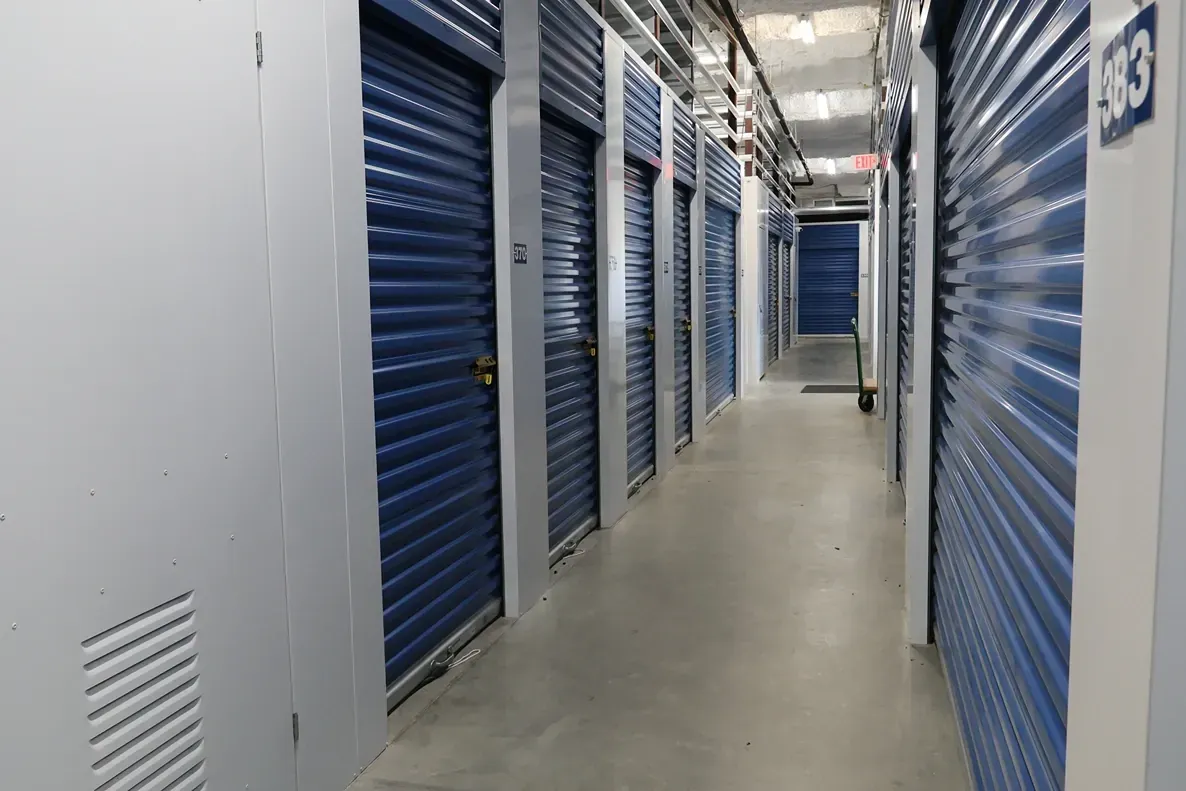 interior blue doored storage units at Lockhart Self Storage