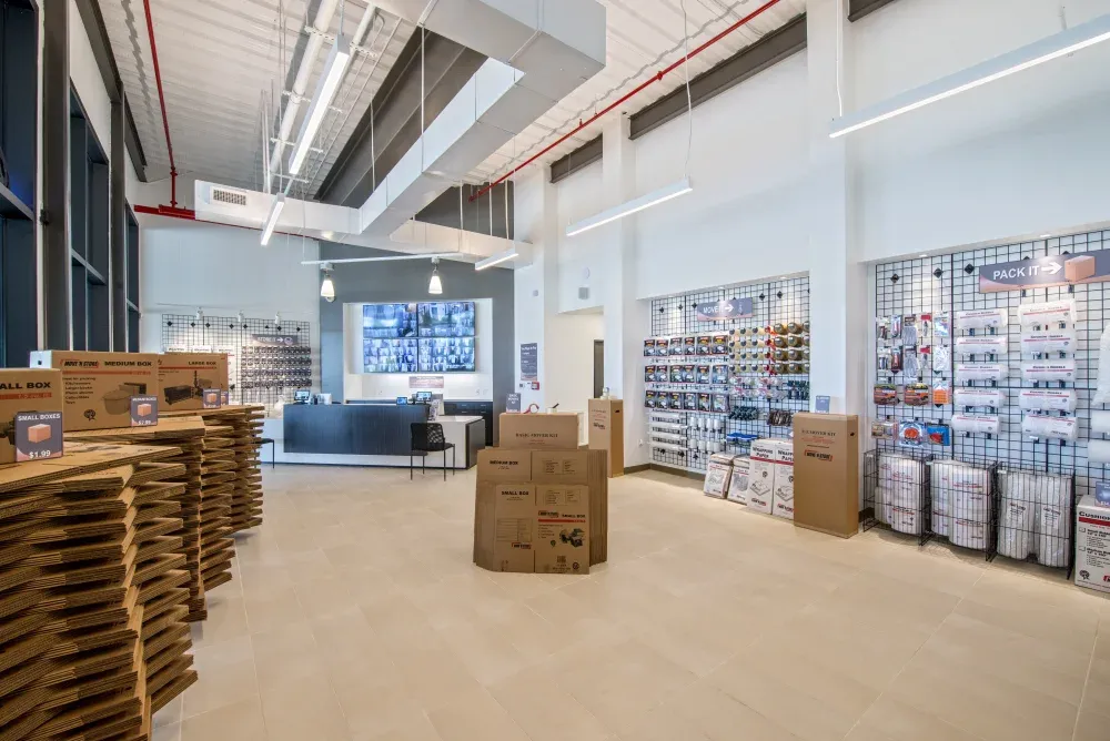 Wide view of packing supplies at Memorial Drive Storage.