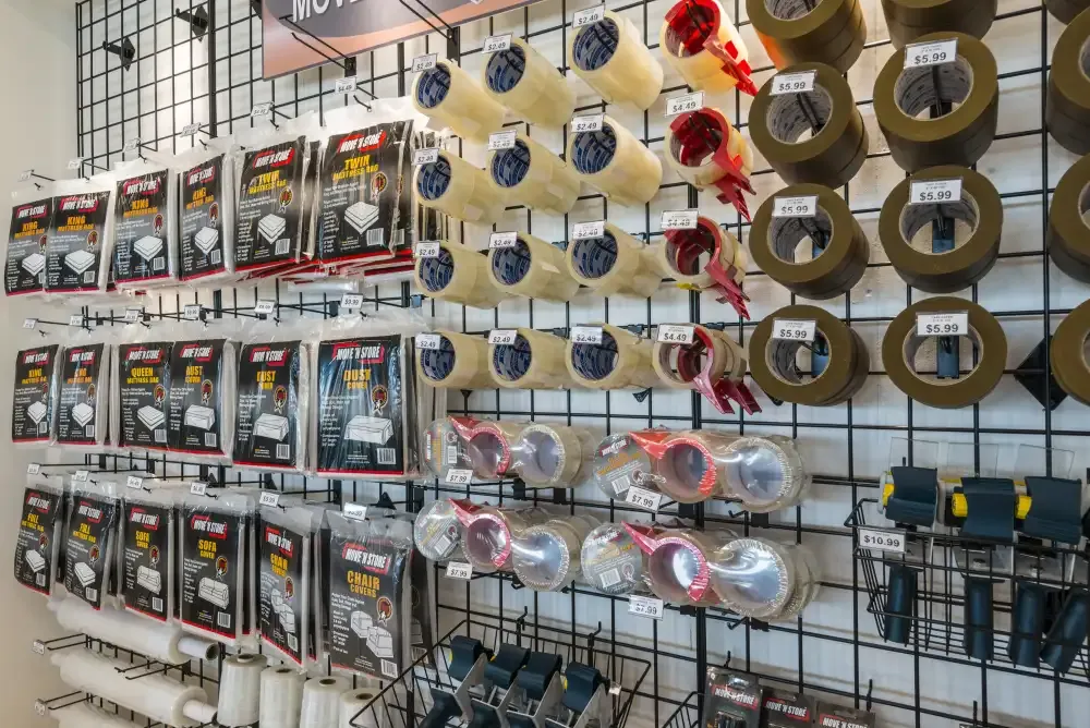 Close-up of packing supplies at Memorial Drive Storage.