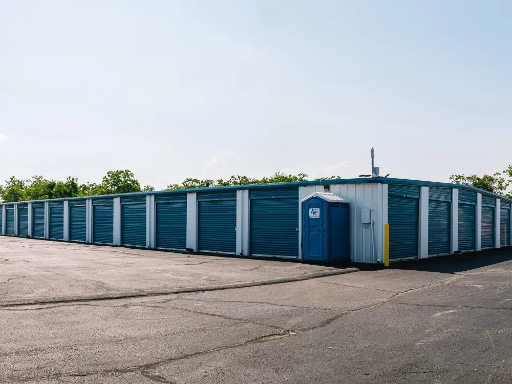 Corner view of storage units at Safe Harbor Storage.
