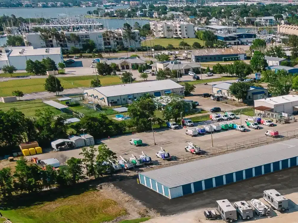 Clear Lake and storage facility view at Safe Harbor Storage.