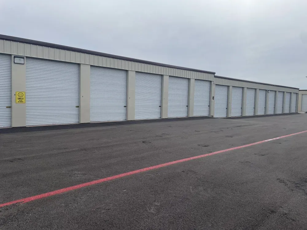 Closed roll-up doors at San Angelo Boat Storage.