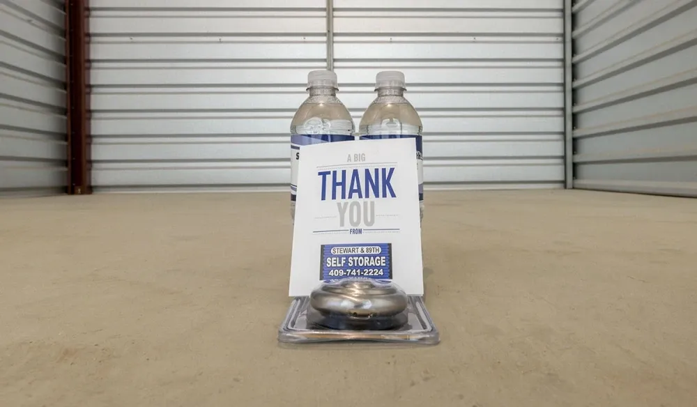 Welcome bundle in a new storage unit with "thank you" note at Stewart & 89th Self Storage.