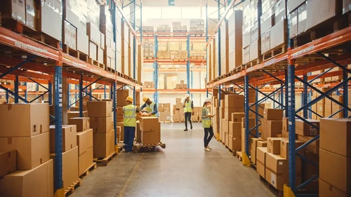 Retail Warehouse full of Shelves with Goods in Cardboard Boxes and Workers Scan and Sort Packages