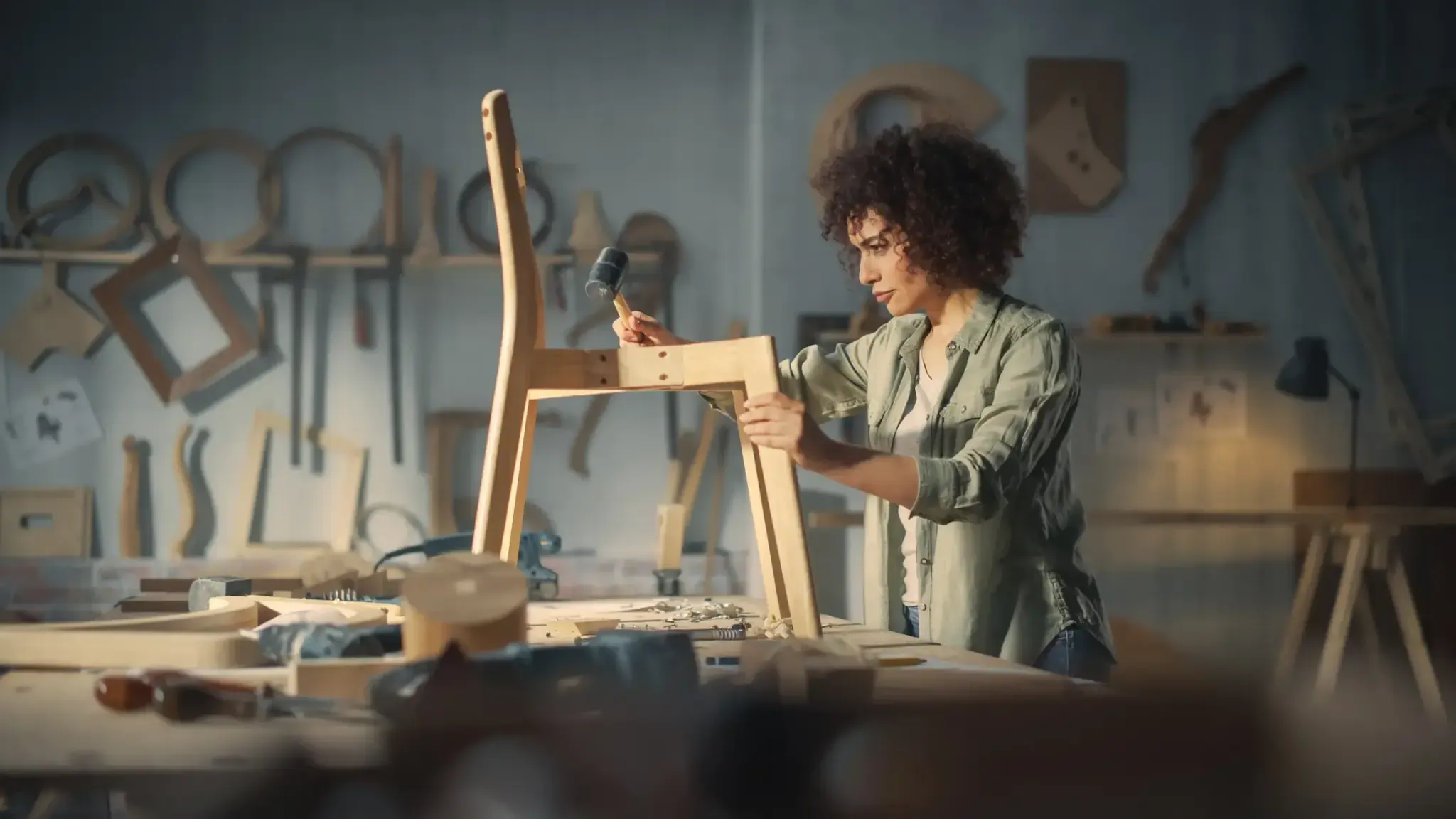 Woman building wooden chair in workshop