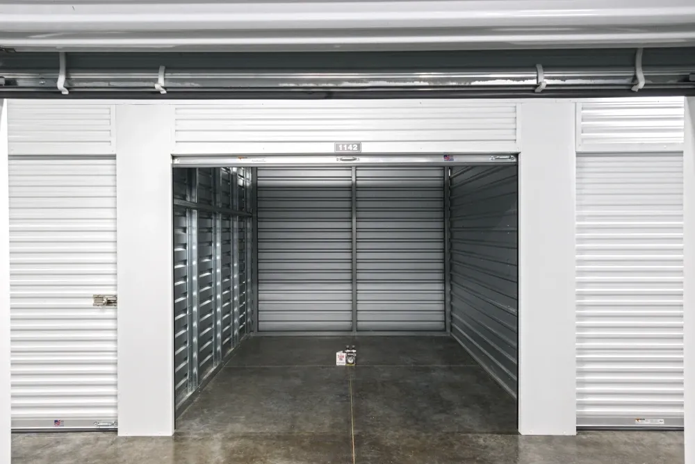 Opened medium, climate-controlled storage unit at Valley Ranch Storage.