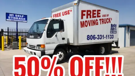 50% Off moving trucks advertisement at Another Attic Self-Storage.