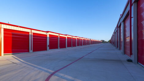 Aisle of drive-up storage units at Dry Dock & Lock Waxahachie North.