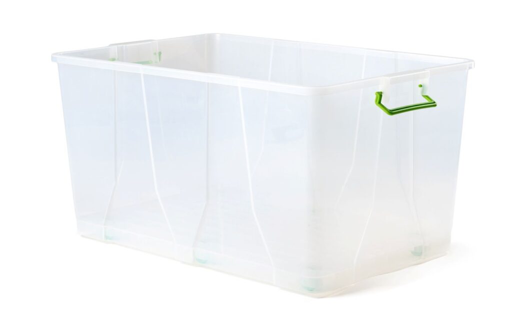 An empty plastic tote bin with a white background.